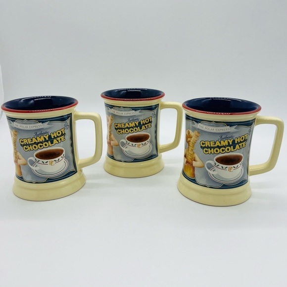 THE POLAR EXPRESS CREAMY HOT CHOCOLATE MUG SET OF 3 CREAM/BLUE COLORS - Picture 5 of 7